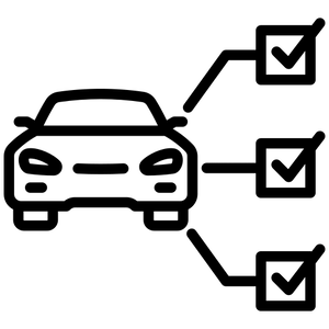 Car specifications icon with a car and 3 check marks.